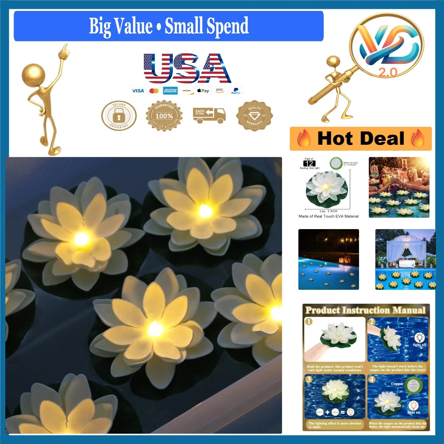 12 pcs Waterproof Floating Lotus Lights Battery Operated Warm White Pool Decor
