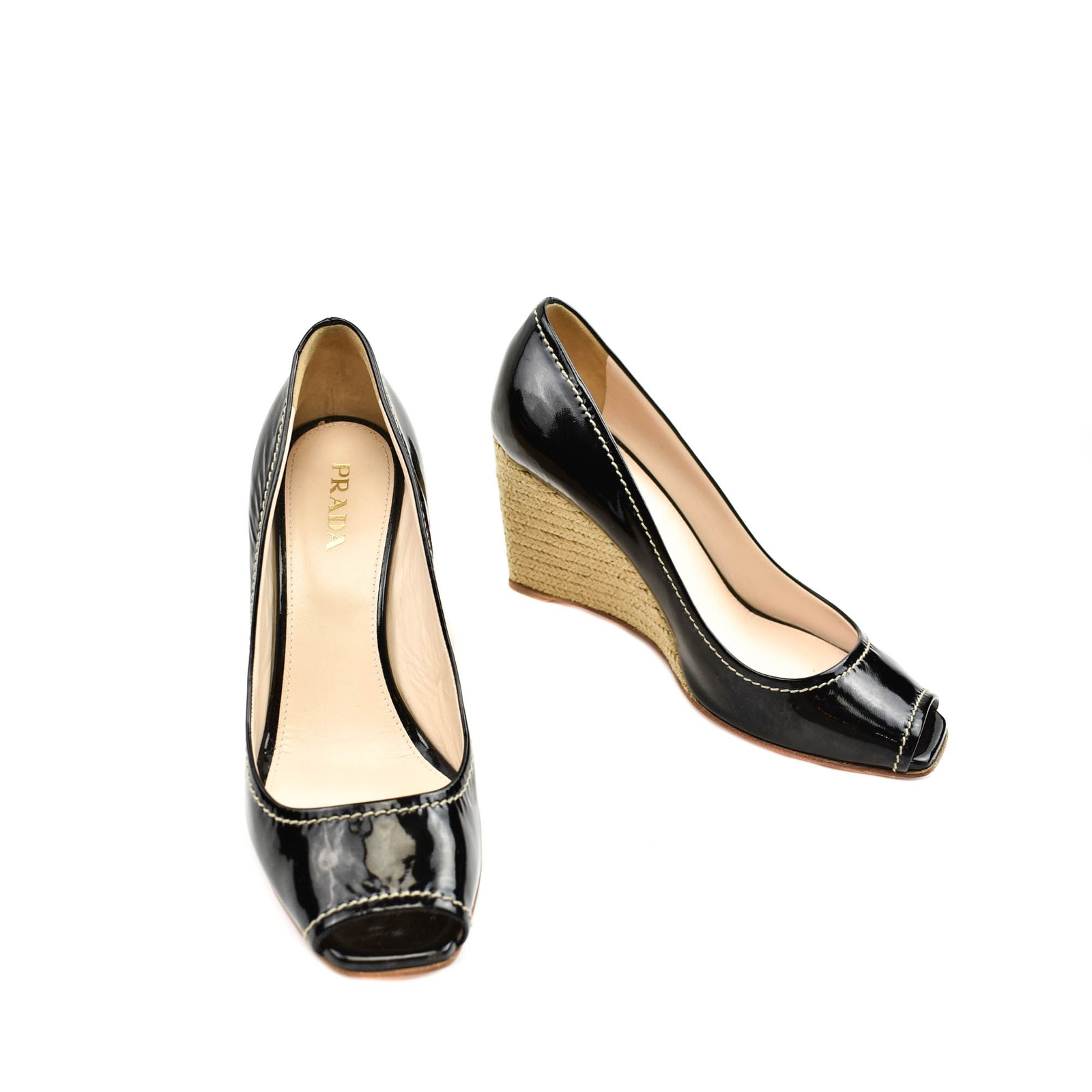 PRADA Black Patent Leather Peep Toe, cuñas de cuerda de esparto Tamaño: 8.5