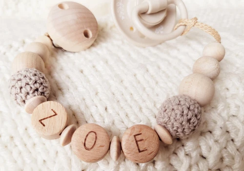Schnullerkette mit Namen personalisiert Holz Geburt Baby Geschenk Neugeborene