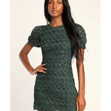Always For You Dark Green Puff Sleeve Mini Dress Size S