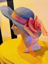 Vintage 30's - 40's Black Woven Straw Wide Brim Hat with Large Ribbon Bow .