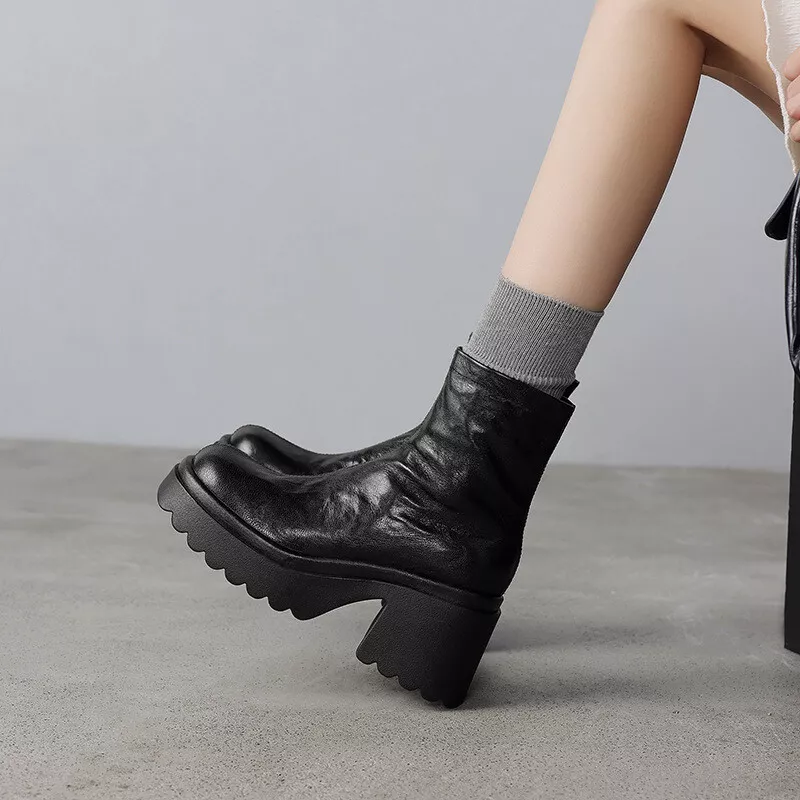 Retro Real Leather Sheepskin Womens Ankle Boots Thick Soled Platform Block Heels - Imagem 2 de 4