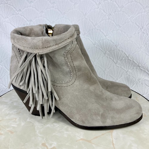 Sam Edelman Ankle Booties Womens Size 9.5 Gray Suede Fringe Western Cowboy Boots