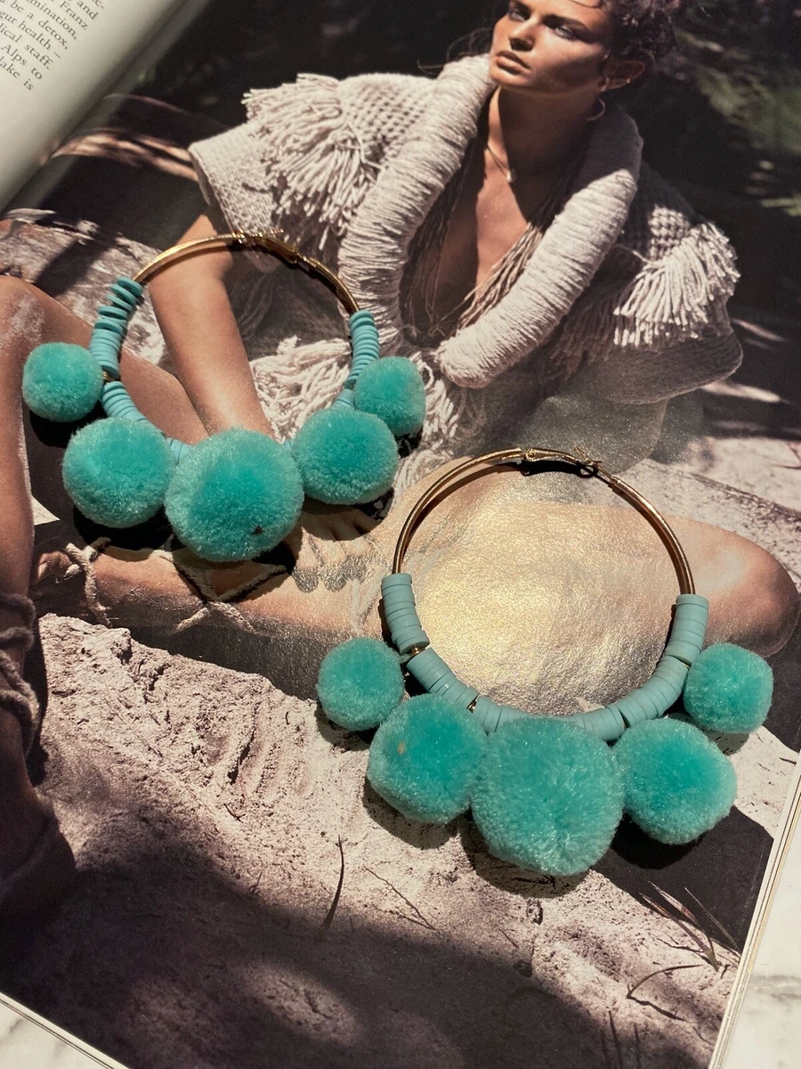 Latoir Instagram Blogger Gold Aqua Turquoise Pom Pom Hoop