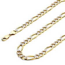 Wellingsale 14k Yellow Gold Solid 8.5mm Figaro 3+1 Pave Chain Necklace