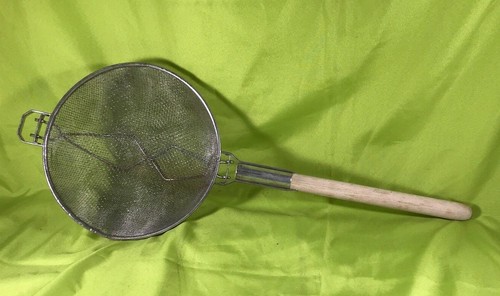USED 30.5" Large Metal Mesh Strainer / Colander with Long Wooden Handle
