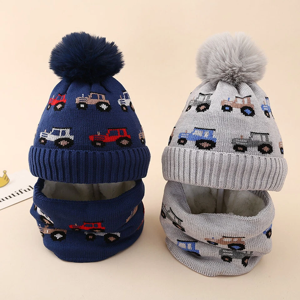Boys Cartoon Car Fleece Lined Beanie Winter Hat Neck Warmer Scarf Knitted Hat - Image 2 of 4
