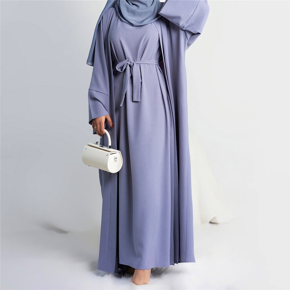 2 Piece Women Muslim Open Abaya Inner Dress Set Dubai Kimono Kaftan ...