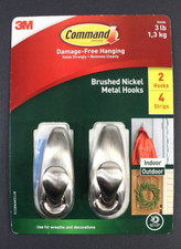 2 Command Strip Large Brushed Nickel Metal Hook Damage Free Hanging - New