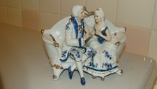KPM Porcelain Sitting Romantic Victorian Couple Figurine Blue White w/Gold Trim