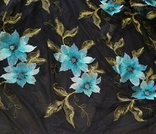 Gorgeous Blue Flowers Embroidered on Fine Black Tulle - Soft and Lovely 