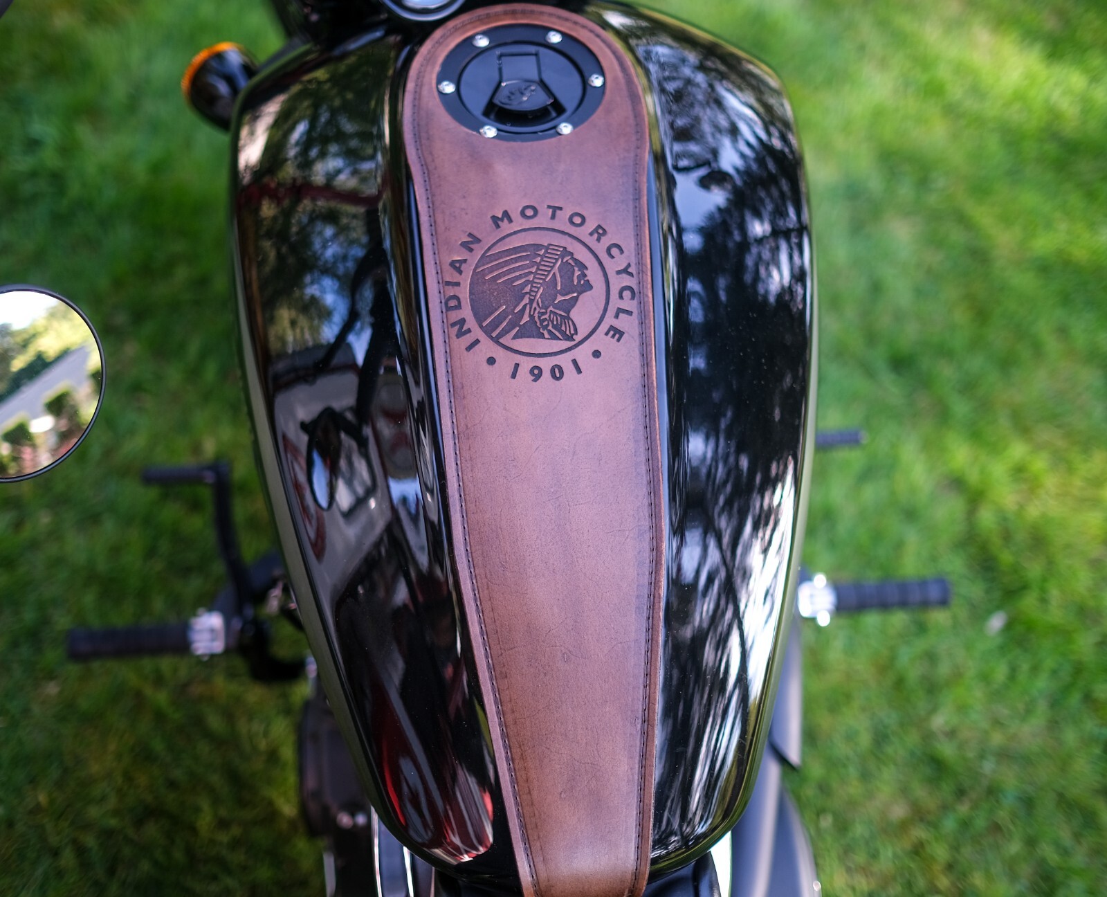 Custom Leather Indian Scout Bobber Motorcycle Gas Tank Bib Strap Dark