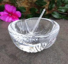 Heavy, Peach-Shaped Clear Art Glass Open Salt Dip Cellar, Dish w/Spoon!