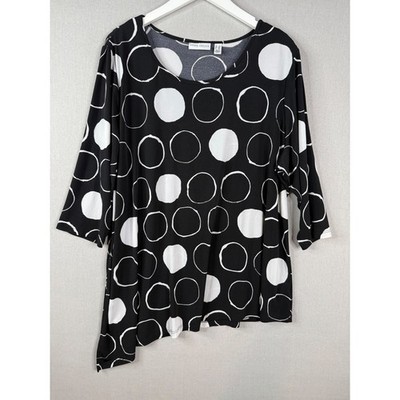 Susan Graver Liquid Knit Top Women 2X Black Polka Dot Asymmetric 3/4 Sleeve