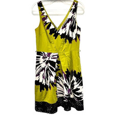 Nine West Sleeveless Faux Wrap Floral Dress Green Black Womens 12 V Neck Artsy