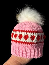 Handmade Crochet Infant Baby 3-6mo Beanie Hat Pom Hearts Valentine's Day