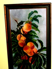 ORIGINAL Signed M Jones '68 Apricots with Green Leaves Oil Painting OLD VINTAGE