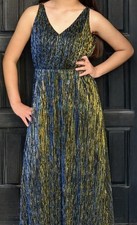 Sam Edelman Metallic Pleated Maxi Dress Striped Black Gold Blue V-Neck Sz 8