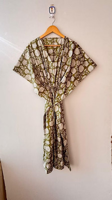 Indian Green Floral Handmade Cotton Kaftan Maxi Dress Women's Clothing Gown US