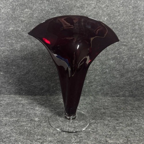 Vtg Richard Blenko Signed Handcraft Art Glass Red Clear 11” Trumpet Vase 1999