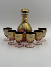 Czech Republic Crystalex Bohemian Purple Wine Vintage Decanter And Six Glasses