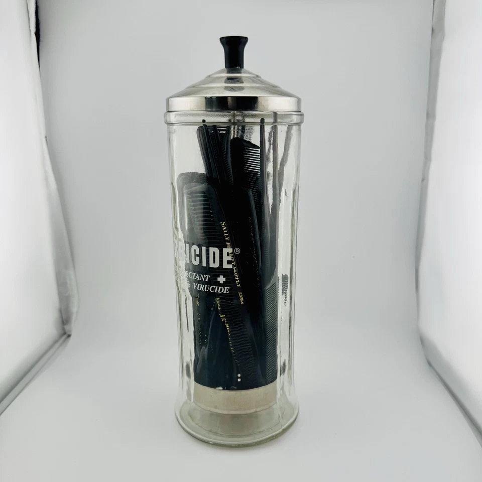 Tarro de vidrio desinfectante barbicida barberos vintage con tapa de metal e inserto Foto 2 de 4