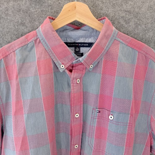 Camisa de manga corta para hombre TOMMY HILFIGER XL roja gris algodón a cuadros - Imagen 3 de 12