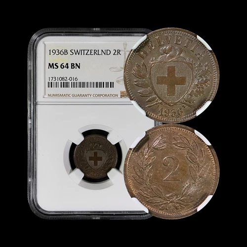 SWITZERLAND. 1936, 2 Rappen - NGC MS64 - Swiss Cross, Wreath, DDR Doubled Die