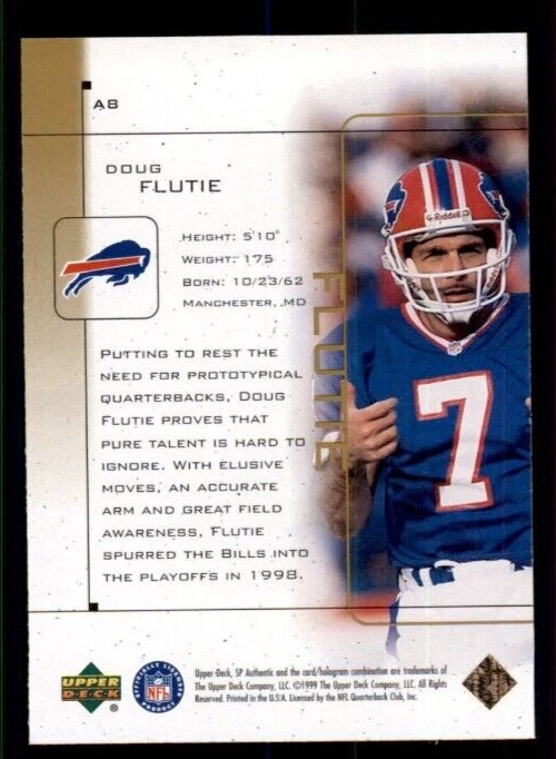 1999 SP Authentic Athletic #A8 Doug Flutie. - Image 2 of 2