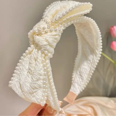 NWT Retro Elegant Pearl-Embellished Bridal Knot Headband 