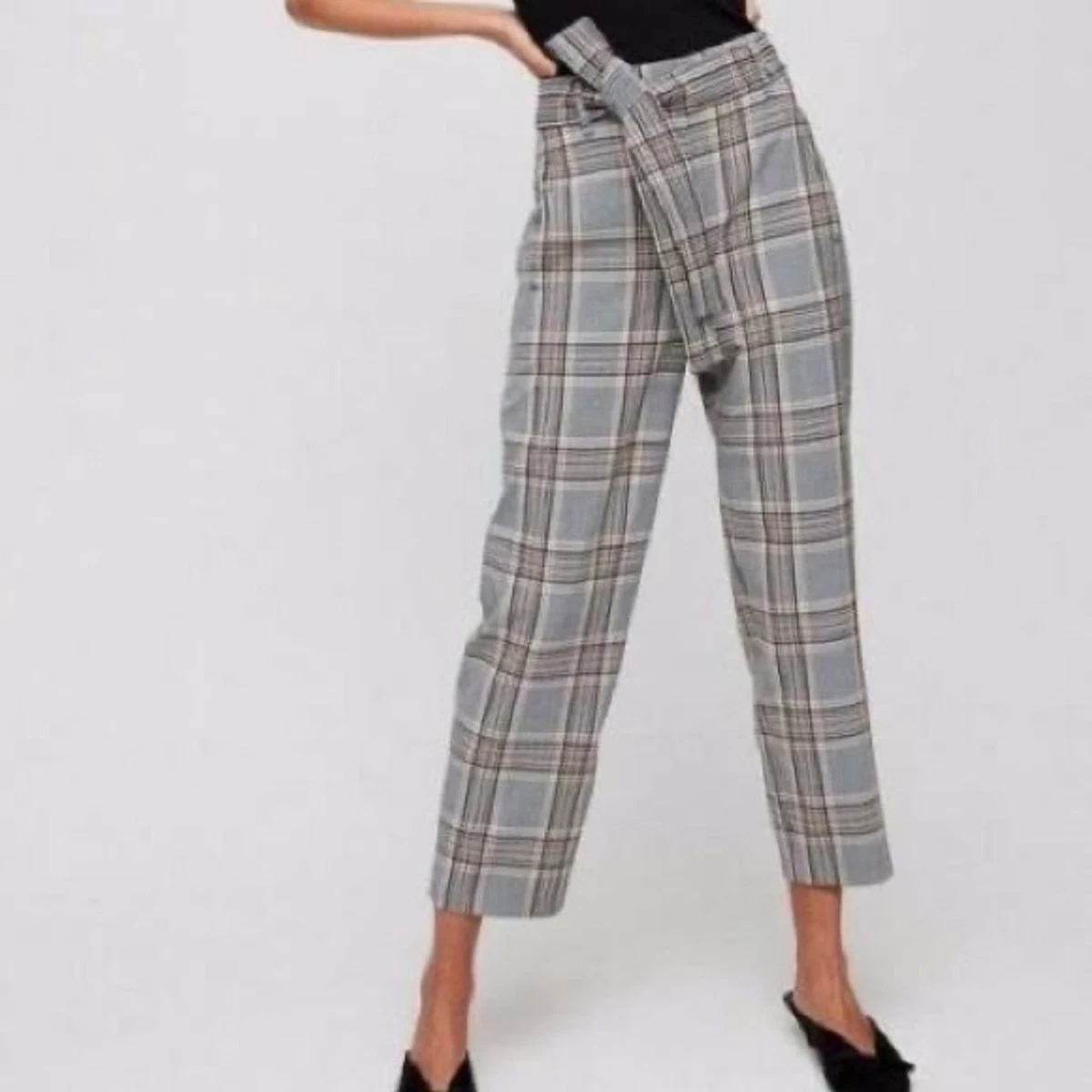 Aritzia Wilfred Grey Plaid Tie Front High Waisted Pants Trousers Size 2