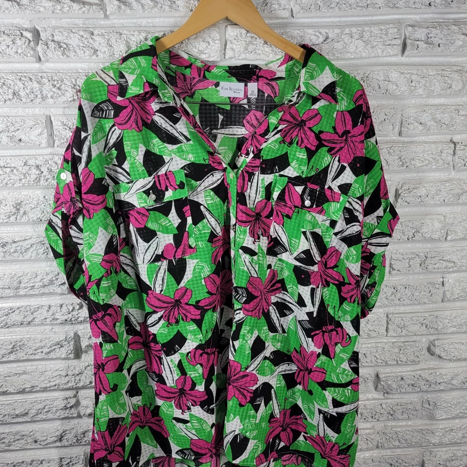 Kim Rogers Women Top 3X Plus Collar Button Up Green Pink Floral Sheer Polyester - Image 3 of 4