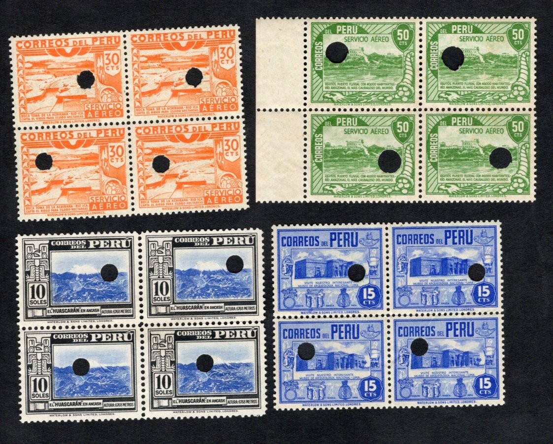 Peru 1938 blocks of stamps Mi#10+15+30+50 Soles PROOF RR MNH