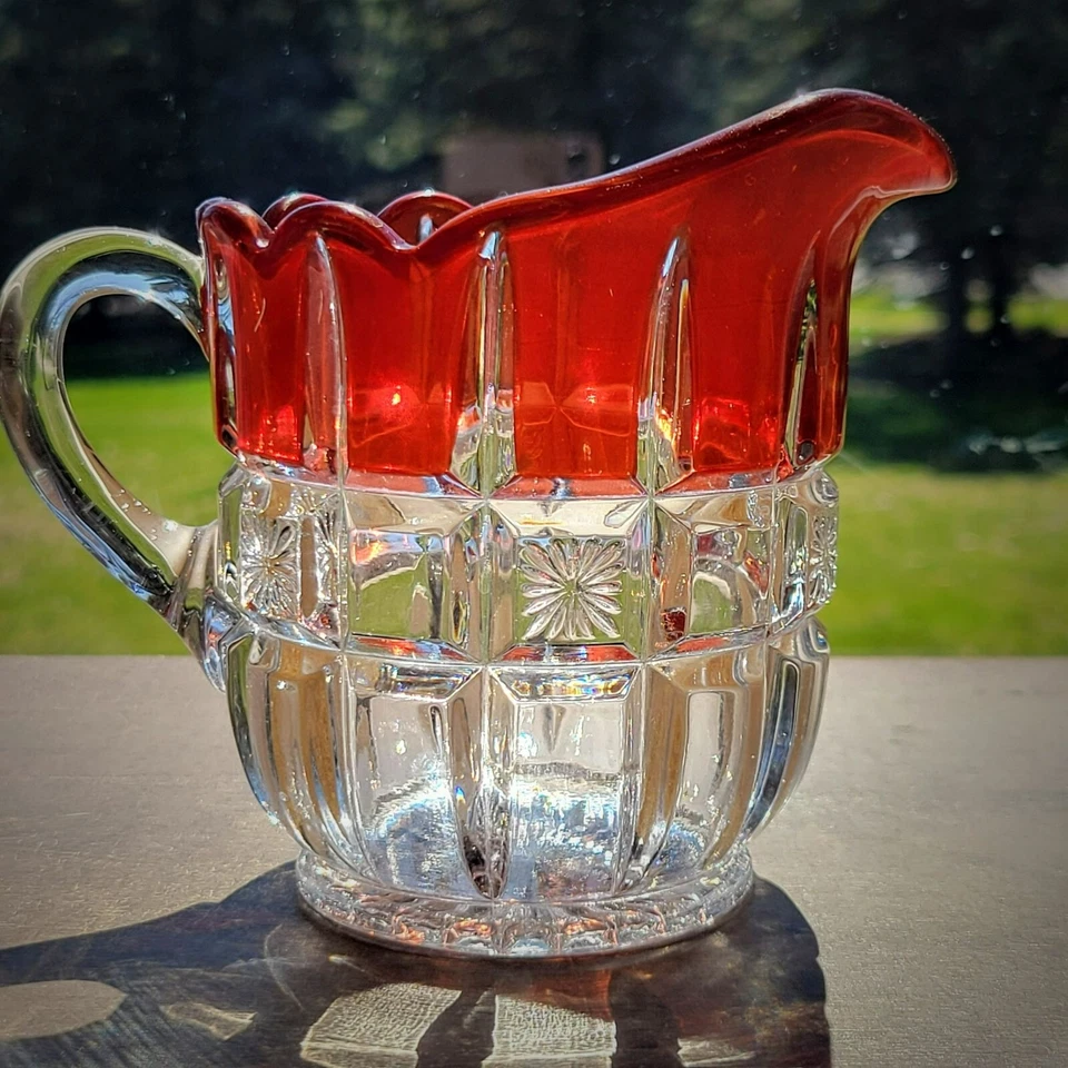 Antique EAPG Glass Creamer Tarentum Glass Block & Star Ruby Stained c.1910 USA - Image 2 of 4