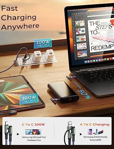 Cable USB C de 10 pies y 100 W tipo cable cargador con adaptador USB A - Picture 8 of 9