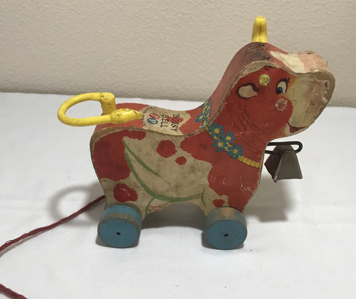 Fisher Price Vintage 1960's Bossy Bell Wooden Cow Pull Toy Bell