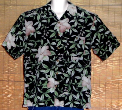 Mens Paradise Coves Hawaiian Shirt Black Green Pink Silk Floral Size Large