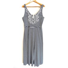 Chaps midi dress cotton summer coastal nautic blue stripes embroidered women XL