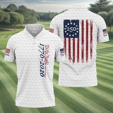 We The People Distressed American Flag White Golf Shirt 250 Years Patriotic 4th