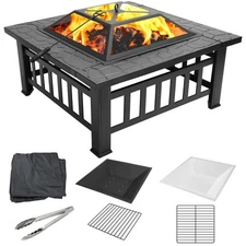 32" Wood Burning Fire Pit Table 3 In 1 Square Outdoor Patio Bonfire Cover Grill