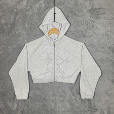 Juicy Couture Cropped Hoodie Light Gray Zip Up Drawstring Ribbed Size Large Y2K