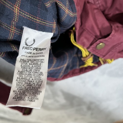 Fred Perry Jacket Mens Large Burgundy Parka Tartan Plaid Lined Coat - Picture 6 of 7