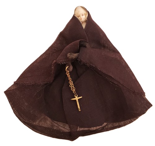 Rare OOAK Antique MINIATURE 4.5" WAX HEAD Nun Doll House FOLK ART Tiny Cross #1
