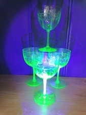 Fabulous Victorian Set 4 Uranium Fine Lead Crystal Grapevine Wine Glasses C1900