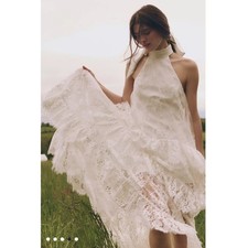 BHLDN Anthropologie Lace Halter Ruffle Peekaboo Maxi Dress