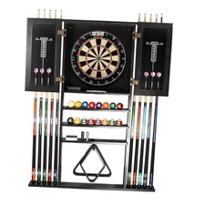  10 Billiard Pool Cue Rack & Dart Board Cabinet Combination, Wall Mounted Black