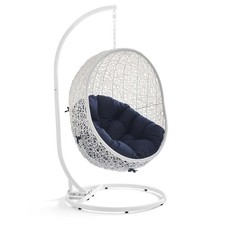 Modway Hide Steel Rattan Outdoor Patio Swing Chair with Stand in White/Navy