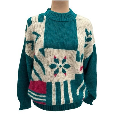 Vintage 80s Recent Works Korea Teal Pink Abstract Geometric Sweater Large