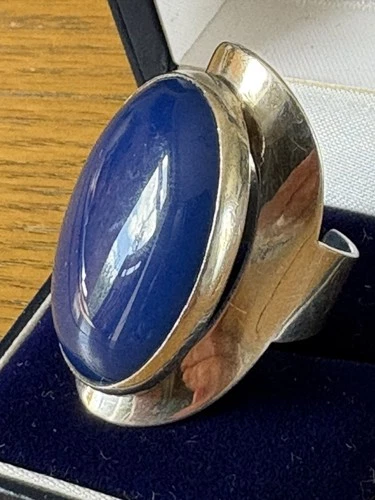 Vintage Sterling Silver Large Oval Blue Chalcedony Stone Adjustable Ring Size M