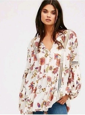 Free People Just The Two Of Us Floral Crochet Tunic Dress XS Boho Bell Sleeve